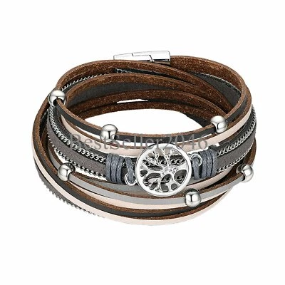 Tree of Life Boho Multilayer Leather Wide Wrap Cuff Braided Magnetic Bracelet - Image 1 of 4
