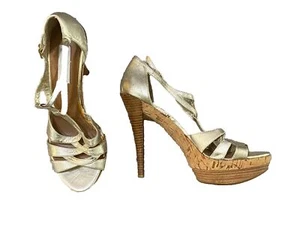 Steve Madden Mujer Talla 8.5 Cuero Dorado Tacones Alicce Corcho Plataforma Zapatos Correa - Imagen 1 de 11