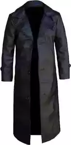 Men's Leather Black Full Length Trench Long Coat | Men's Black Stylish Over Coat - Picture 1 of 5