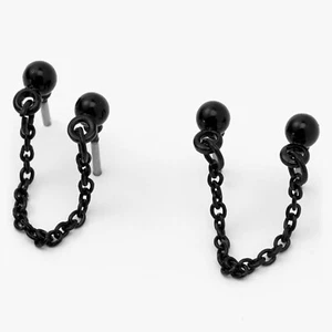 2 Black Double Ear Cartilage Lobe Stud Dangle Chain Earring For 2 Hole Piercing - Picture 1 of 6