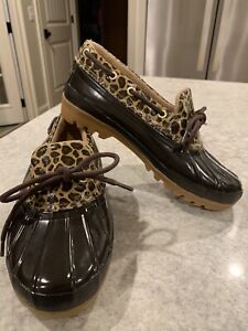 Sperry Top Sider Womens Size 5 Waterproof Rubber Duck Boots Shoes Leopard Print