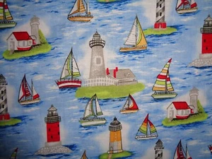 Handgefertigtes Baumwoll Spannbettlaken blau/Leuchtturm/Boote - Bild 1 von 2