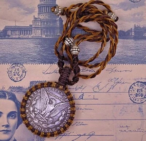 USA Coin Pendant Necklace USA Sword Warrior Dollar 1921 Replica Macrame Cord - Picture 1 of 3