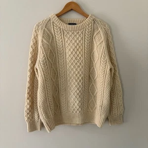 Lands' End 100% Wool Mens Fisherman Sweater Made in Ireland Cream Size L *READ* - Picture 1 of 15