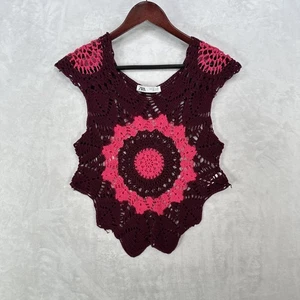 ZARA Häkel Pullover Weste Damen S Burgund Rosa Offen Strick Boho Festival Top - Bild 1 von 10