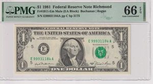 *ONLY 2 HIGHER* Fr 1911-Em 1981 $1 FRN E99931184A bp3175 PMG 66EPQ RICHMOND MULE - Picture 1 of 2