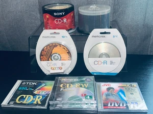 Huge Lot of 115 Disks Blank Media CD-R DVD-R CD-RW Sony TDK Memorex JVC - Afbeelding 1 van 1