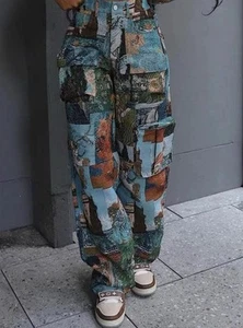 Women's Patchwork Art Print Pocket Cargo Pants, - Picture 1 of 9