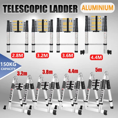 Telescopic Ladder 5.0m Extendable Aluminium 3.2m 4.4m Adjustable Portable Step - image 1 of 4