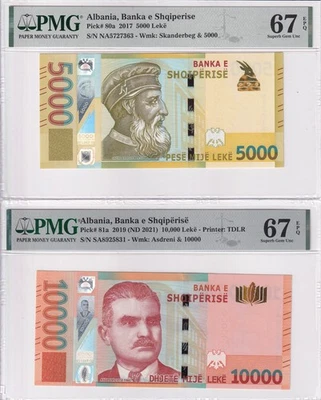 Albania Set 2; 5000 10000 Leke 2017 2019 P 80 P 81 Superb Gem UNC PMG 67 EPQ - Image 1 of 4