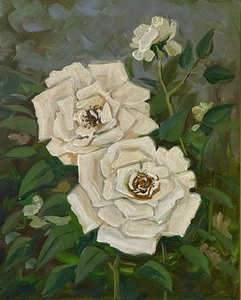 ORIGINAL PAINTING Ryta Flower Garden Art White Rose Botanical Illustration Plant - Picture 1 of 1