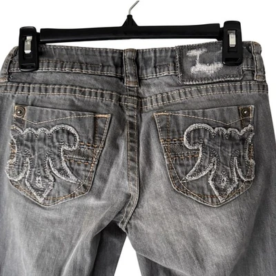 Pantalones de mezclilla para mujer MEK gris bootcut bolsillos adornados talla 27 hebilla occidental Foto 1 de 4