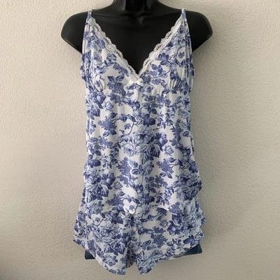 Laura Ashley Pajama Set Size L  Babydoll Lace Cami & Shorts Floral Blue & White - Image 1 of 4