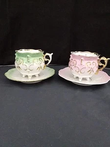 2 Vintage Teacups And Saucers Green And Pink With Gold - Picture 1 of 3