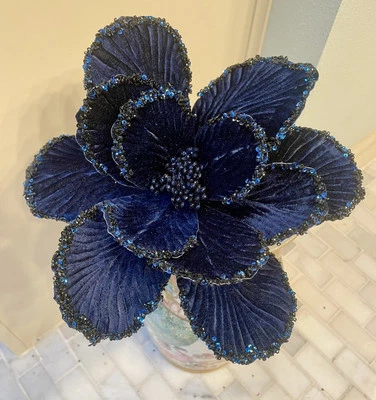 Set Of 3 Beaded Navy Blue Velvet Magnolia Flower Stems Picks, 11” Wide x 20” - Image 1 of 3