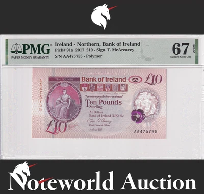 Ireland Northern Bank of Ireland £10 2017 P 91a Polymer Prefix AA UNC PMG 67 EPQ - Image 1 of 4