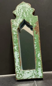 Vintage Wooden Wall Décor Mirror Blue Green Frame Country Hand Carved 10.5x 3.5” - Picture 1 of 17