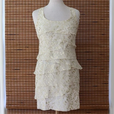 Shoshanna Sleeveless Ruffle Tiered Mini Dress White & Gold Sparkle Silk Size 4 - Image 1 of 4