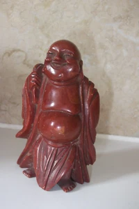 VINTAGE CHINESE BROWN COLOUR CARVE STONE 10CM STANDING BUDDHA WITH SHOULDER SACK - Picture 1 of 16