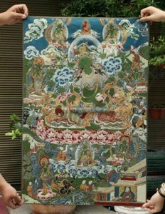 36" Tibet Buddhism Silk Cloth Green Tara Goddess Thangka Embroidery Mural - Picture 1 of 6