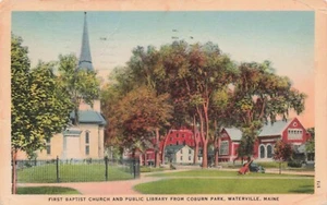 First Baptist Church and Library From Coburn Park, Waterville Maine Posted 1940 - Picture 1 of 2