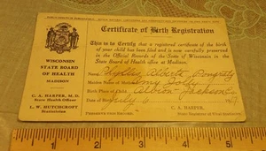 PC Urkunde Geburtsregistrierung Wisconsin Gesundheit Albion Black River Falls WI - Bild 1 von 2