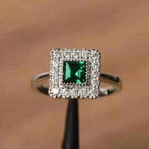 Natural Emerald 14K White Gold Plated 2.00Ct Princess Cut Women Engagement Ring - Picture 1 of 9