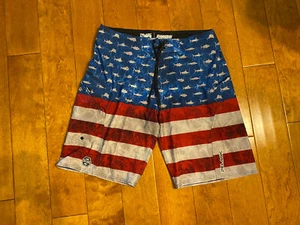 Pelagic Americano USA Flag Stars Stripes  Fishing Board Shorts Swim Trunks 34 - Picture 1 of 6