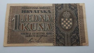 1 Kune 1942. Croatian banknotes NDH Ustasa WWII Germany Italy, Hrvatska ! - Picture 1 of 2