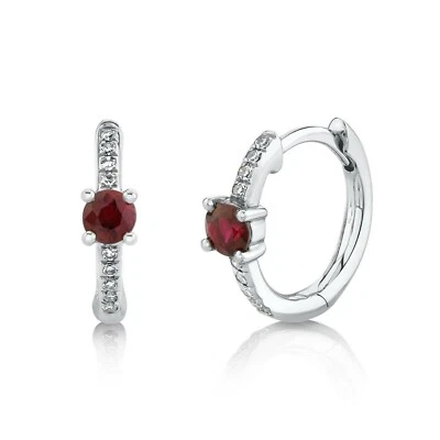 Ruby Diamond Huggie Earrings 14k White Gold 0.35CT Natural Mini Hoop Round Cut - Image 1 of 4