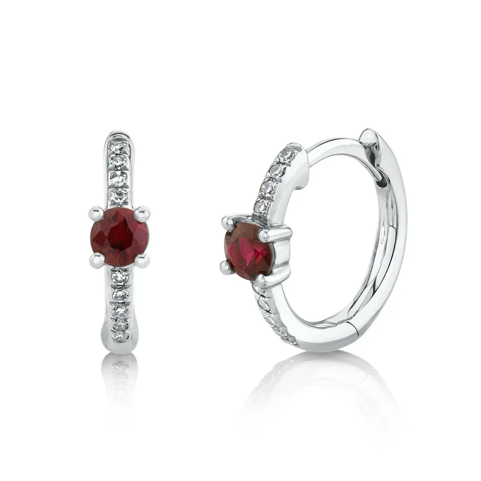Ruby Diamond Huggie Earrings 14k White Gold 0.35CT Natural Mini Hoop Round Cut - Image 1 of 4