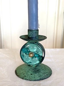 MCM Retro Brass Verdigris Patina Candlestick Holder Green Glass Insert 10.5cm - Picture 1 of 5