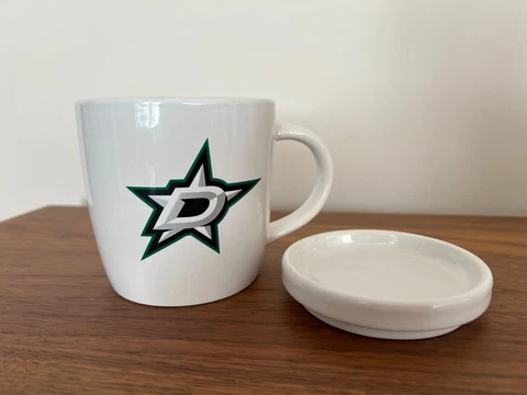 Dallas Stars Coffee Mug Glass Cup Lid White Hot Drink New in Box Cover