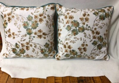 PAIR 20x20 Greenhouse Fabric S4865 Empire Cream Green and Gold Floral Pillows - Image 1 of 4