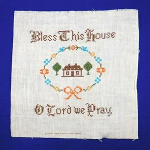 Vintage BLESS THIS HOUSE Kreuzstich Stickerei Panel Kissen fertig - Bild 1 von 5