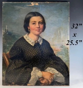Antigua pintura al óleo francesa firmada de 32" retrato sobre lino, necesita alguna restauración - Imagen 1 de 13