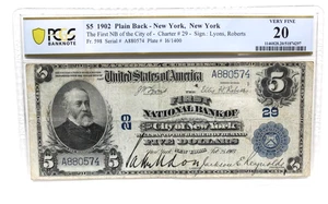1902 $5 1ST NATIONAL BANK NOTE PB CITY OF NEW YORK PCGS 20 VERY FINE A SERIAL # - Picture 1 of 4