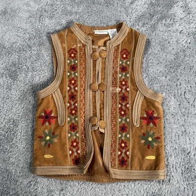 Y2K Mary Kate Ashley жилет девочек 7 желтовато-коричневый богемное вышивка хиппи коричневый винтажный - Изображение 1 из 4