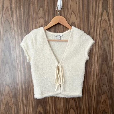Topshop Petite Cream Fluffy Tie Front V Neck Short Cap Sleeve Crop Top UK 10 - Image 1 of 4