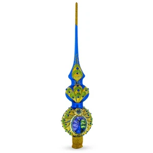 Peacock Double Ball Mouth Blown Glass Tree Topper 16 Inches - Picture 1 of 4