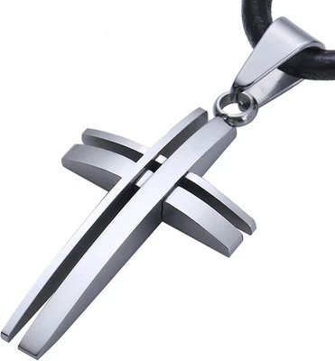 Collana Uomo Con Ciondolo a Croce Moderna Argento in Acciao Inox E Sacchetto Di  - Immagine 1 di 4