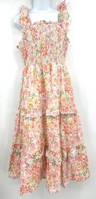 Haute Hippie Style Floral Smocked Maxi Dress Ruffle Sleeveless Sundress Size 10 - Image 1 of 4