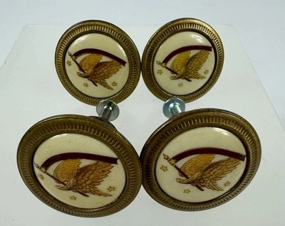 4 Hitchcock Eagle Banner Star 1- 1/4" Porcelain Brass Pull Knobs No Backplate - Image 1 of 4