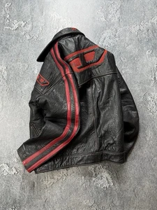 Diesel VNTG 3D Big Logo Motor Textured Leather Y2K Red Strips Jacket Size M - Picture 1 of 24