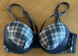 36C Victoria’s Secret Very Sexy Push Up Bra Blue Plaid Lace Detail - Picture 1 of 5