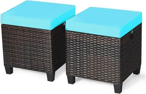 2-Piece Rattan Patio Ottoman, All Weather Wicker Ottoman W/Removable Cushion & S - Picture 1 of 7