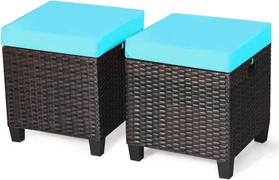 2-Piece Rattan Patio Ottoman, All Weather Wicker Ottoman W/Removable Cushion & S - Image 1 of 4