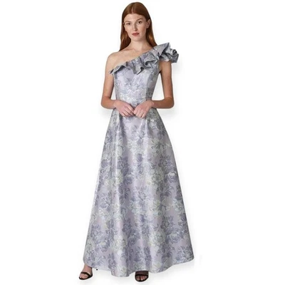 NWT $229 Marina Women's One Shoulder Floral Jacquard Metallic Maxi Gown, Sz 8 - Image 1 of 4