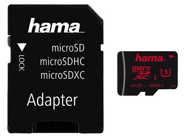HAMA - 64GB Class 3 MicroSDHC UHS-1 Memory Card with SD Adaptor - 80 MB/s - Image 1 of 1