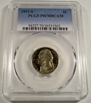 1992-S 5c PCGS PR70DCAM JEFFERSON NICKEL PROOF DEEP CAMEO PR 70 DC - Image 1 of 3